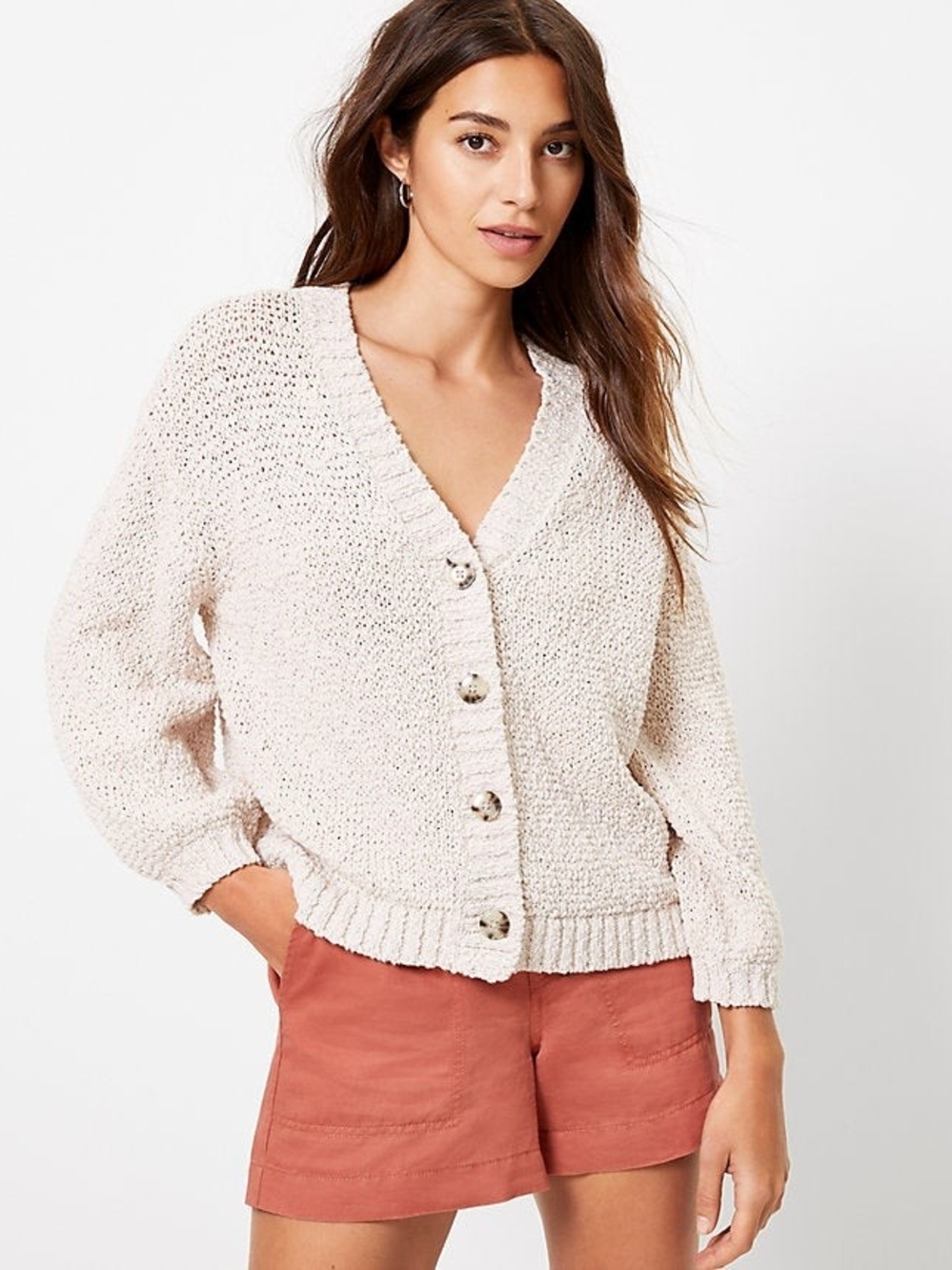 Loft Oatmeal Button-Front Knit Cardigan Sweater